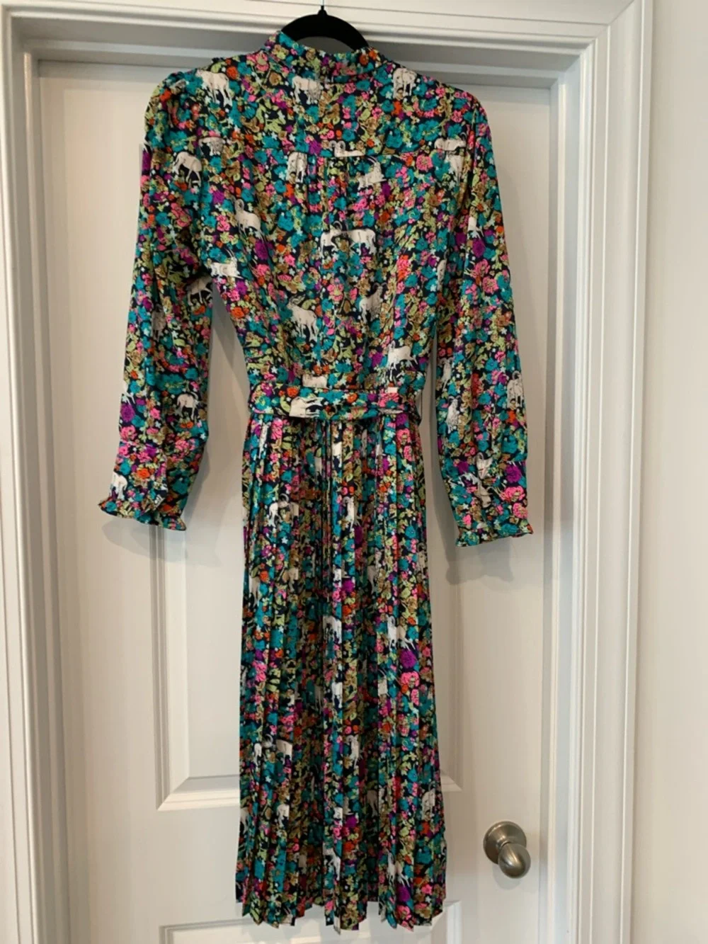 J. Crew Teal Floral “ Grazing Goats”  Long Sleeve Shirt Dress with Belt 0 NWOT